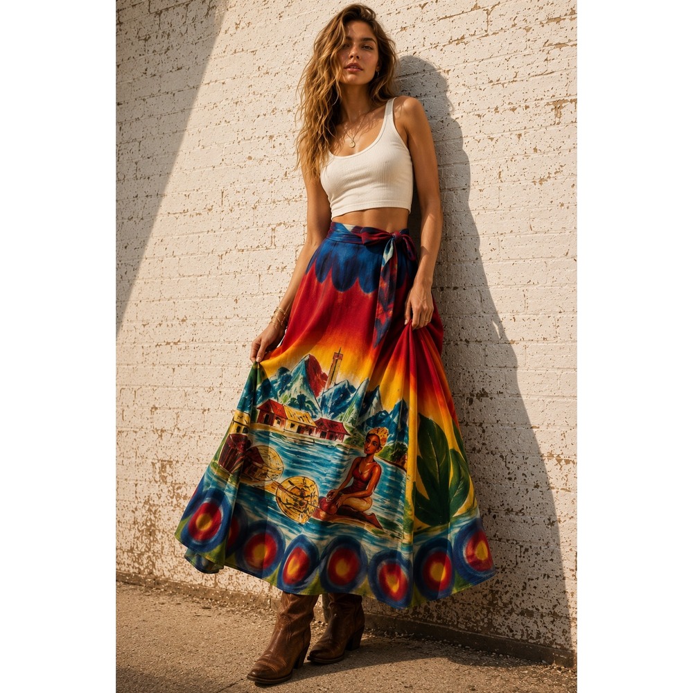 Vintage 1950s Cotton Hand Painted Scenic Folk Art‎ Mexican Wrap Skirt Small